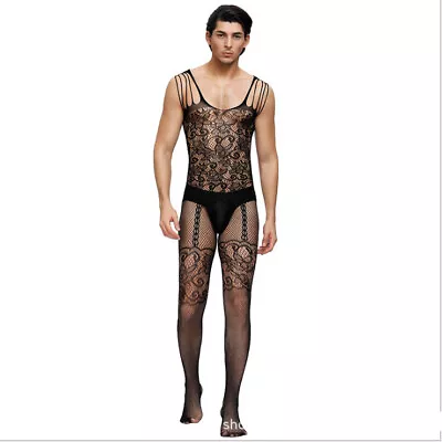 Mens Fishnet Full Body Stocking Bodysuit Leotard Jumpsuit Underwear Pantyhose • £9.64