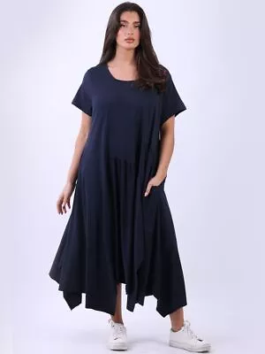 MADE IN ITALY Dress Lagenlook Swing Asymmetric Cotton NAVY To Fit Size 14 To 20 • £28.95