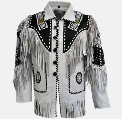Men's Western Cowboy Style Suede Leather Jacket With Fringe & Bead Work Jacket • $30