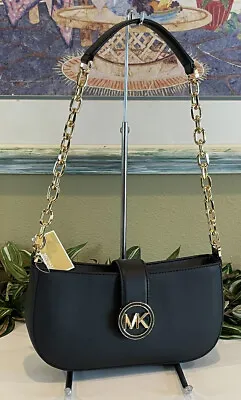 Michael Kors Carmen Small Pouchette Chain Shoulder Bag Black Vegan Leather Gold • $67.99