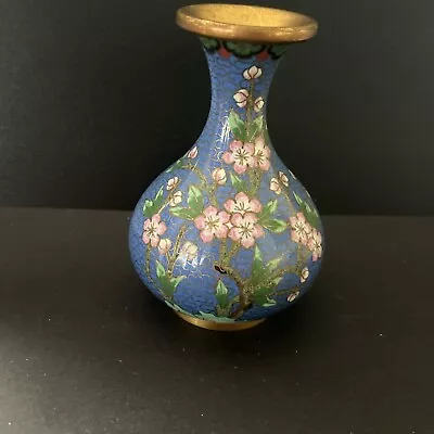 Vintage Cloisonne Brass Blue Enamel Vase Flowers  4  Tall • $25