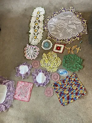 Vintage Cotton Trim Mixed Lot Colored Crochet Handmade Doilies Lace 18 Pieces • $15