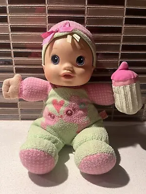 Hasbro Baby Alive Sips N Cuddles Talking Doll Plush Bottle Green Pink Soft • $15
