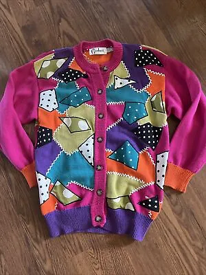 Vintage Carducci Multi Patch Funky Art To Wear Sweater Small Retro Cardigan Pink • $22