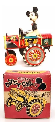 DISNEY MICKEY MOUSE  DIPSY CAR  TIN LITHO WIND-UP TOY + REPO BOX -mfg By LINEMAR • $275