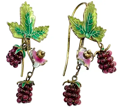 Vintage 1960 Sterling Vermeil Chinese Export Blackberry Garnet & Enamel Earrings • $95