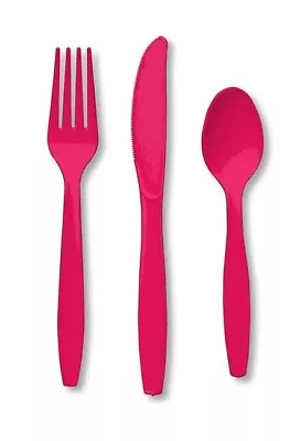 24 Piece Hot Pink Magenta Premium Plastic Forks Spoons Knives Cutlery - 8 Ea • £2.79