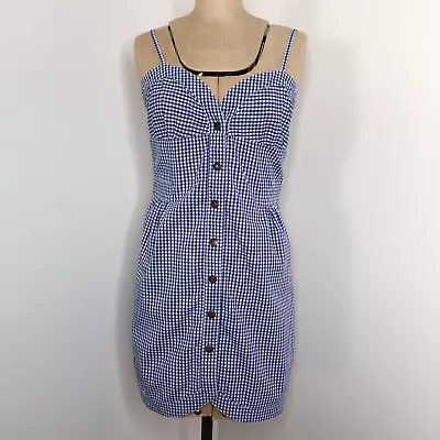 Tigerlily Sundress Dress SZ 12 Gingham Check Blue Snap Shaped Front Hem • $49.95