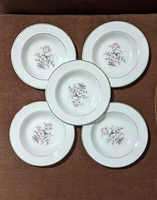 Embassy Vitrified China 8  Wide Rim Soup Bowls Pink Grey Floral  • $17.45