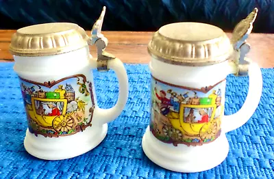 2 Miniature Vintage BMF Lidded Beer Steins W. Germany Milk Glass Mugs Horses EX • $19.99