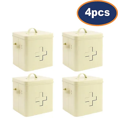 4Pcs Cream First Aid Box Storage Tin Metal Minimalist Bin Container With Lid • £44.95