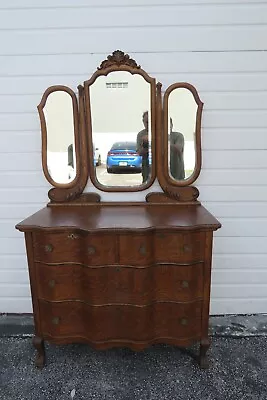 Early 1900s Serpentine Carved Tiger Oak Low Dresser With Trifold Mirrors 4670 • $1147.50