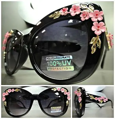 VINTAGE RETRO CAT EYE Style SUN GLASSES Black Frame Unique Floral Flower Design • $29.99