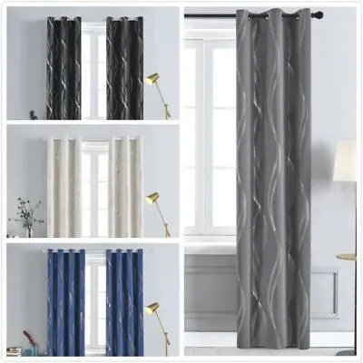£22.99 • Buy Thermal Insulated Eyelet Blackout Curtains Pair Foil Wave Lines With Tie Backs