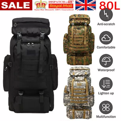 80L Outdoor Military Tactical Army Backpack Rucksack Hiking Camping Large Bag • £16.99