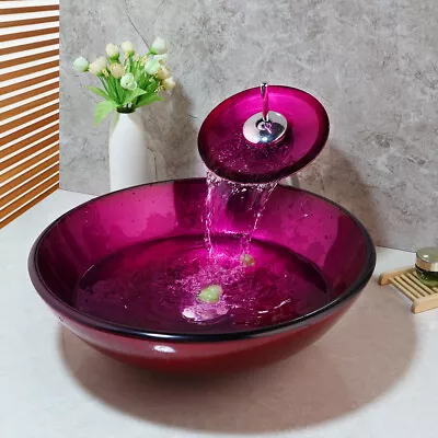 Basin Bathroom Hand Paint Pink Tempered Glass Vessel Sink Chrome Mixer Waterfall • £162