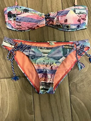 2 Piece Bathing Suit Hobie Swimwear Medium Bikini Bottom Bandeau Halter Top Tie • $7