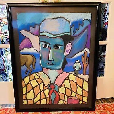 George Colin Original Pastel On Paper Large Framed Blue Golden Cowboy 22x30 1992 • $900