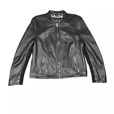 Black Rivet Leather Jacket Womens XLarge Black Leopard Line Moto Biker • $45
