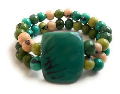 Aqua Lime Beige And Green Tagua Bracelet TAG434 Vegetable Ivory Bracelet • $18.99