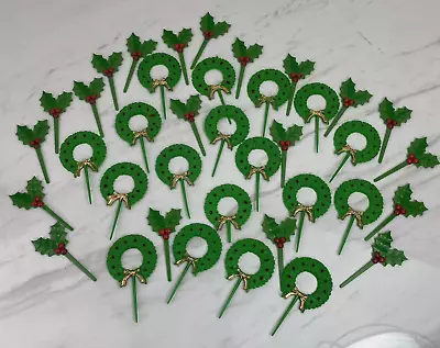 Lot Of 38 Vintage Plastic Christmas Cupcake Picks 3 Inch Wreaths Holly • $10