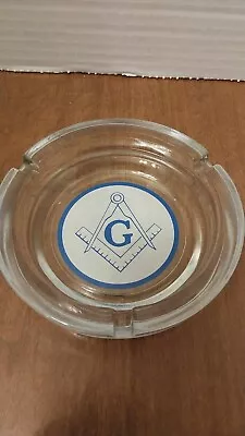 Vintage Glass Ashtray Masonic Free Mason Logo Blue/White  • $17.99