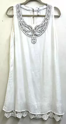 Monoreno Womens Lined White Dress L Boho Embroidered Bodice Gauzy Sleeveless • $14.99