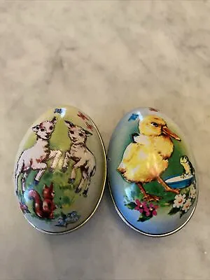 Vintage 2-Metal Egg Tin Litho Easter Candy Container  Lambs/duck Frog • $11