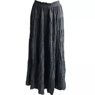 Bila Embroidered Maxi Skirt Black Witchy Goth 100% Rayon Sz L *SEE NOTES* • $14