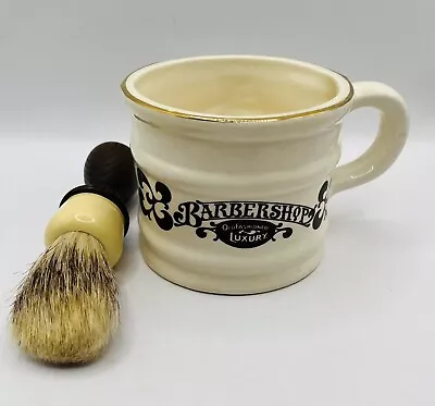 Vtg Barbershop Shaving Mug Brush Set 1976 Ceramic Mug Gold Accent Wood Handle • $7