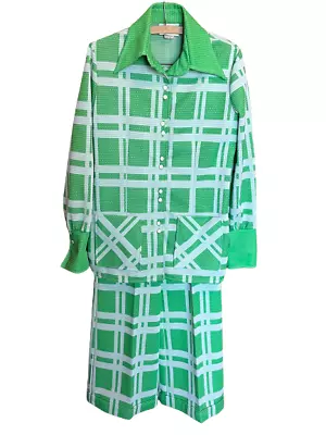 Jantzen Leisure Suit Size 12 Large 14 Womens Green White Plaid Dagger Collar Vtg • $29.98