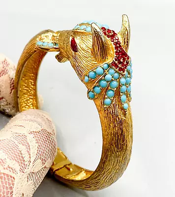 Vintage Horse Head Bangle Bracelet With Faux Turquoise And Rhinestones Numbered • $120