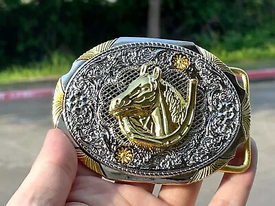 Western Gold Silver Buckle Rodeo Cowboy Cowboy 2'' Horse Shoe Texas USA Seller  • $19.99