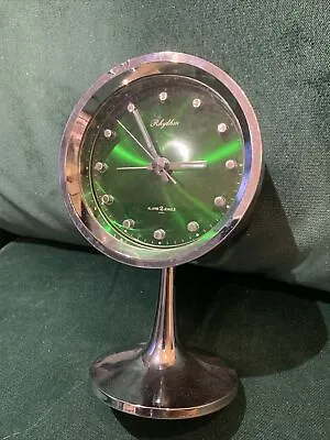 Vintage RHYTHM Green & Silver Retro 1960s Pedestal Mechanical Alarm Clock • $61.63