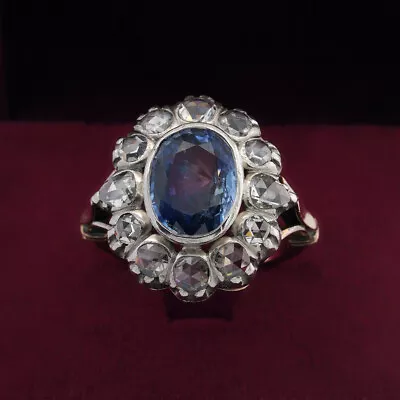 Victorian 4.00 Ct Unheated Sapphire 2.40 CT Rose Cut Diamond 18 KT Ring • £3817.56