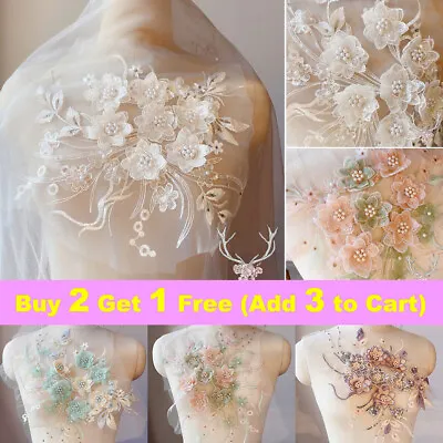 £6.89 • Buy 3D Flower Lace Embroidery Applique Bridal Beaded Pear DIY Bride Wedding Dress Uk