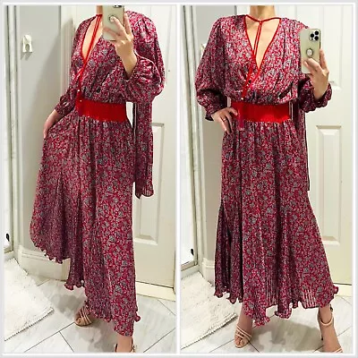 Diane Freis Vintage Red /gray Floral Plunge Neck Flare Dress • $135