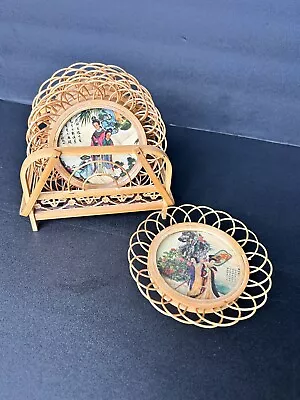 Vintage Chinese Wicker Coasters Set Of Six With Holder • $25