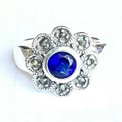 (SIZE 678) Sapphire Blue CZ Stone FLOWER RING Marcasite 925 STERLING SILVER • $18.50