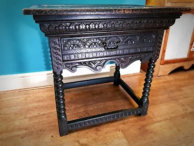 Antique Vintage Victorian Hand-carved Dark Oak Gothic Hall Table • £245