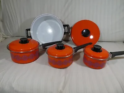 HTF Vintage Enamelware Orange SET Sauce Sauté Pan Pot Lids Floral Purple MCM 70s • $109.99