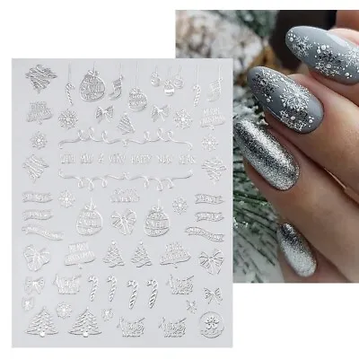 Nail Art Stickers Decals Christmas Silver Snowflakes Baubles Candy Cane (CB145S) • $3.54