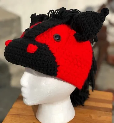 Handmade Red Black Knit Cute Horse Pony Fuzzy Mohawk Mane Plush Adult Beanie Hat • $32.99