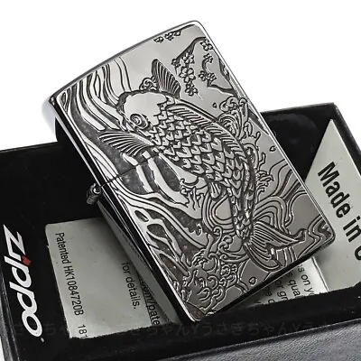 Zippo Climb Carp Japanese Pattern Black Silver 2 Sides Etching Lighter Japan • £89.77