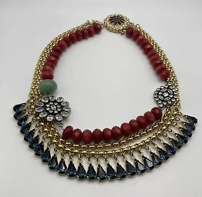 Vintage MAWI London Flower Necklace W Blue Crystals Red & Green Gemstone Beads  • $269.99