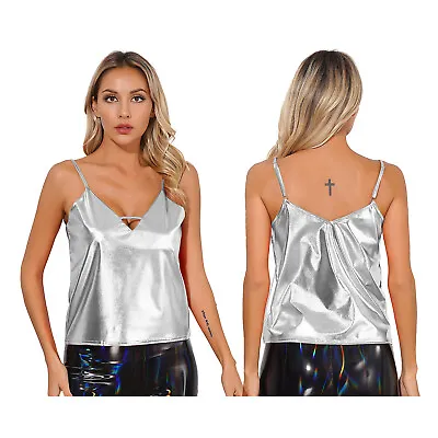 £15.59 • Buy Womens Vest Shiny Metallic Adjustable Spaghetti Straps Tops Fashion Tank Top