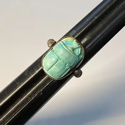 FAIENCE SCARAB Vintage STERLING SILVER Ring Size 7.5 6.9g Women Jewelry Estate • $45