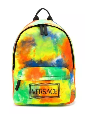 VERSACE Colorful Tie Dye Cotton Canvas Logo Backpack Authentic Designer Italy • $682.16