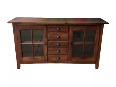 Mission Style Media Console W 2 Glass Door & 3 Center Drawer Storage VR49-10888 • $320