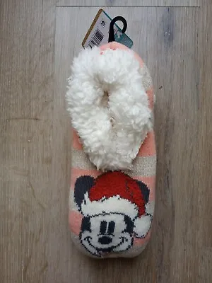 Disney Mickey Mouse Slipper Socks Grippers Fuzzy Unisex 4-10 Women's Warm Cozy • £10.60